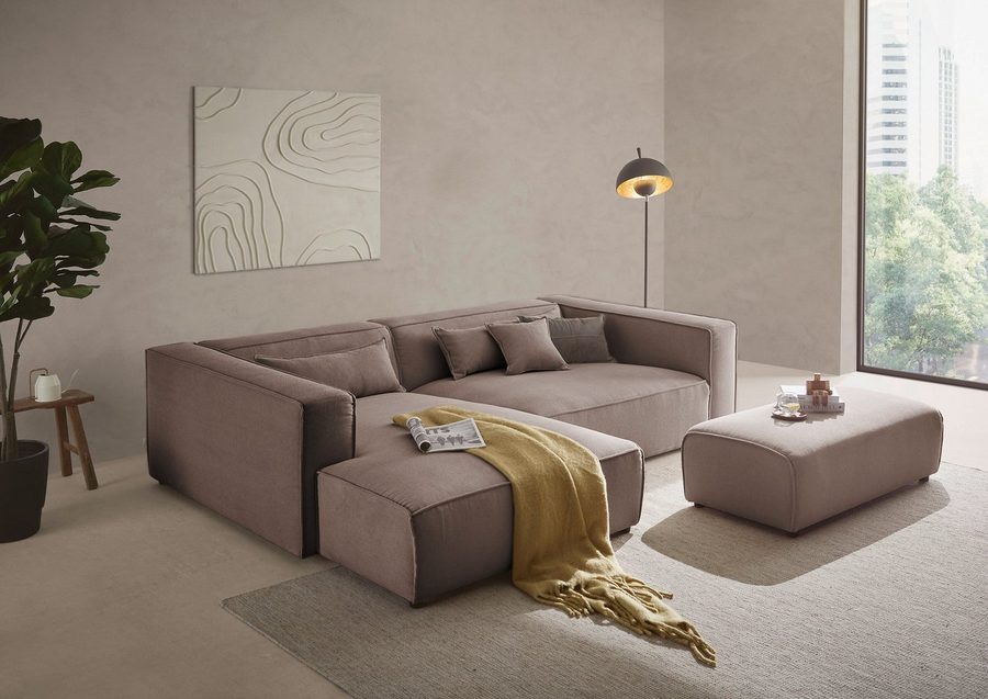 LeGer Home by Lena Gercke Ecksofa PIARA XXL Struktur u. Leinenoptik, L-Form, Schlaffunktion, Hocker stellbar zum Schlafsofa (Krokodilverbinder), tiefe Sitzfläche