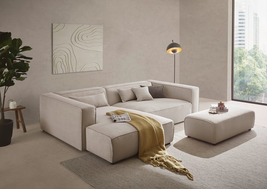 LeGer Home by Lena Gercke Ecksofa PIARA XXL Struktur u. Leinenoptik, L-Form, Schlaffunktion, Hocker stellbar zum Schlafsofa (Krokodilverbinder), tiefe Sitzfläche