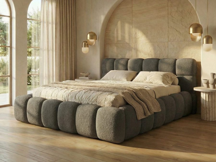 yourhouse24 Polsterbett BOSTON Slim Bouclé – Kompaktes Wolkenbett mit Bettkasten, Bubble-Optik & Japandi