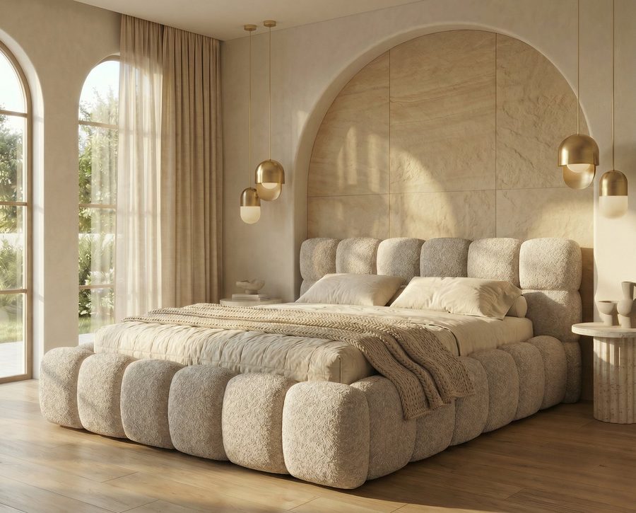 yourhouse24 Polsterbett BOSTON Slim Bouclé – Kompaktes Wolkenbett mit Bettkasten, Bubble-Optik & Japandi