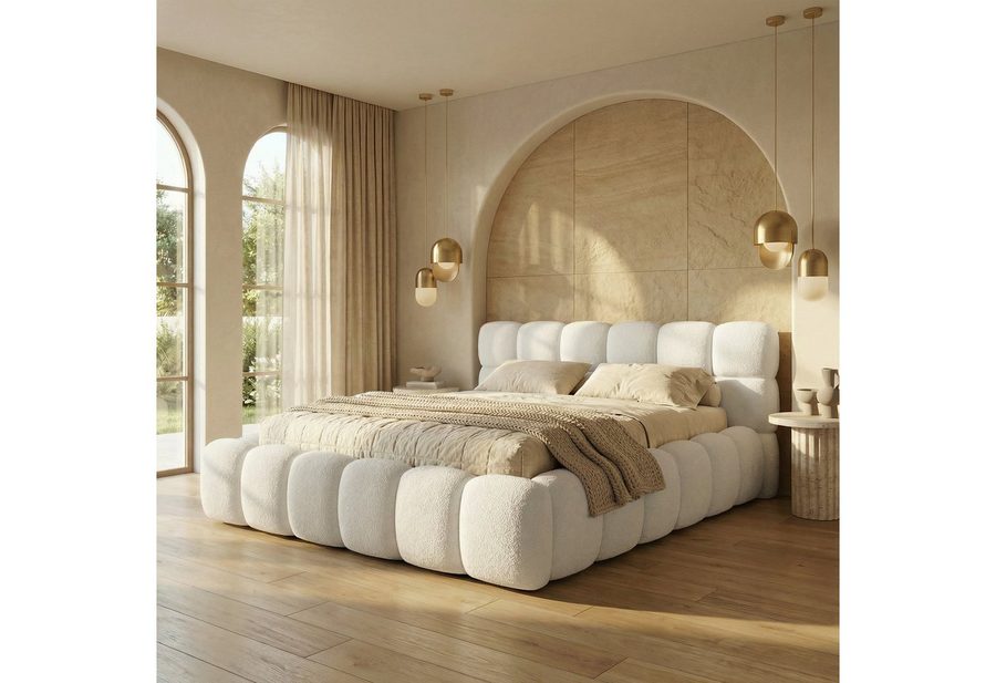yourhouse24 Polsterbett BOSTON Slim Bouclé – Kompaktes Wolkenbett mit Bettkasten, Bubble-Optik & Japandi