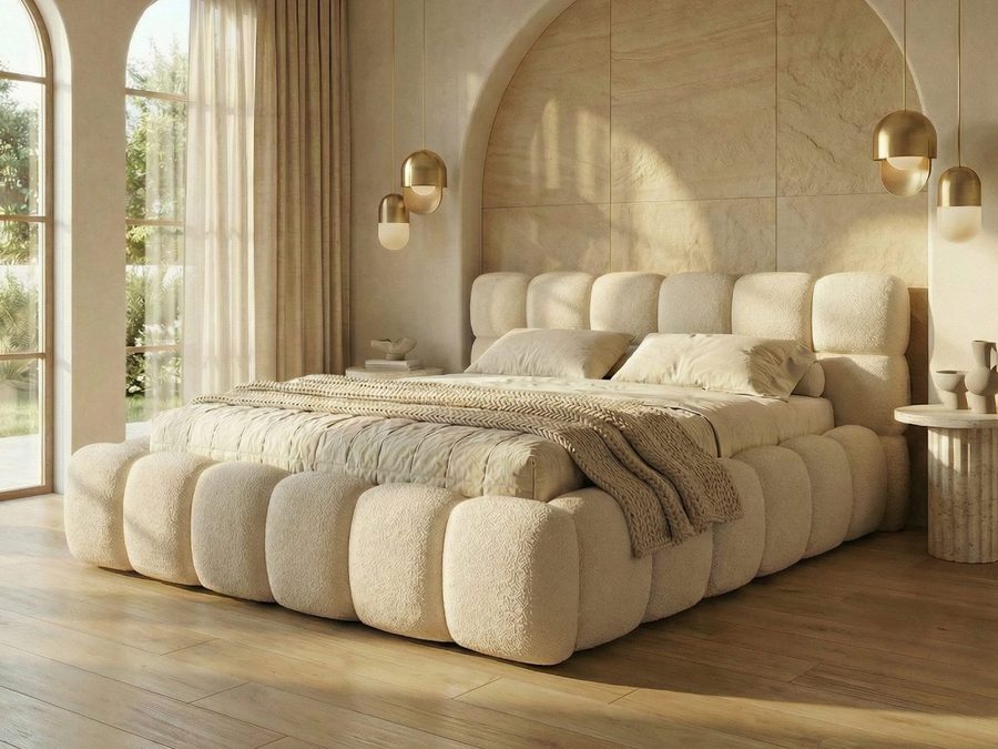yourhouse24 Polsterbett BOSTON Slim Bouclé – Kompaktes Wolkenbett mit Bettkasten, Bubble-Optik & Japandi