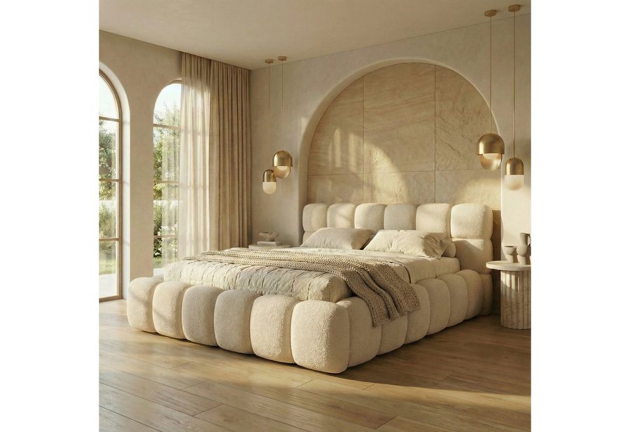 yourhouse24 Polsterbett BOSTON Slim Bouclé – Kompaktes Wolkenbett mit Bettkasten, Bubble-Optik & Japandi