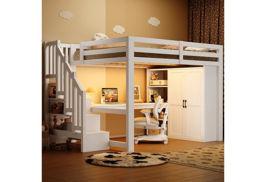 Flieks Hochbett Kinderbett 140x200cm Lichtleiste Schreibtisch Kleiderschrank Treppe