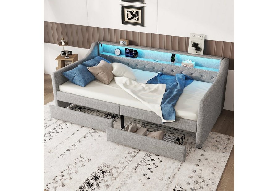 Flieks Daybett, LED Polsterbett Tagesbett 90x200cm mit 2 Schubladen, USB-Ladebuchse von Flieks