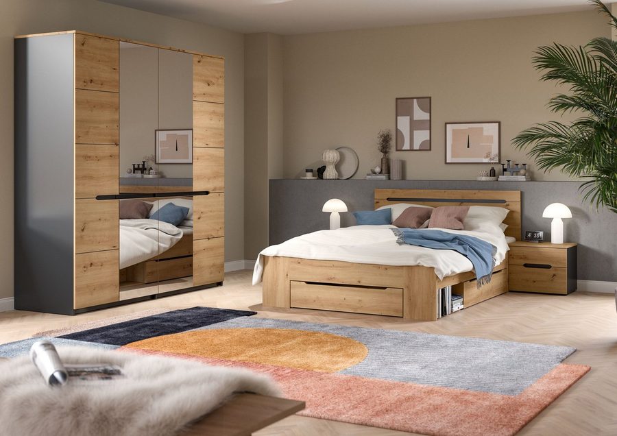 Home affaire Schlafzimmer-Set REHAT, 4-teilig, best. aus: Bett, Kleiderschrank & 2x Nachtkommode, (4-tlg., TOPSELLER!, für Matratzengröße 140x200 cm, viel Stauraum), Rehat, Schlafzimmerset, Bett 140x200 cm, Nachttische, 1 Kleiderschrank