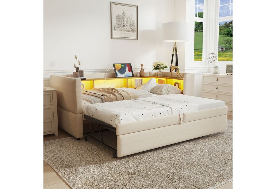 Merax Daybett (Einzelbett/Doppelbett), Polsterbett mit Ausziehbett, Schlafsofa aus Samt, 90/180x190 cm von Merax
