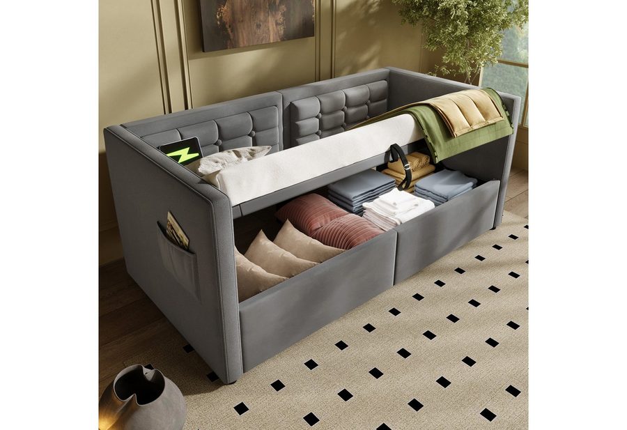 Flieks Daybett, Hydraulisches Polsterbett Schlafsofa 90x200cm mit USB & Type C von Flieks
