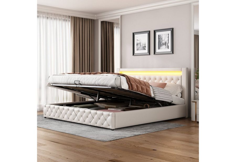 Flieks Polsterbett, LED-Beleuchtung Kunstleder Doppelbett Stauraum 180x200cm von Flieks