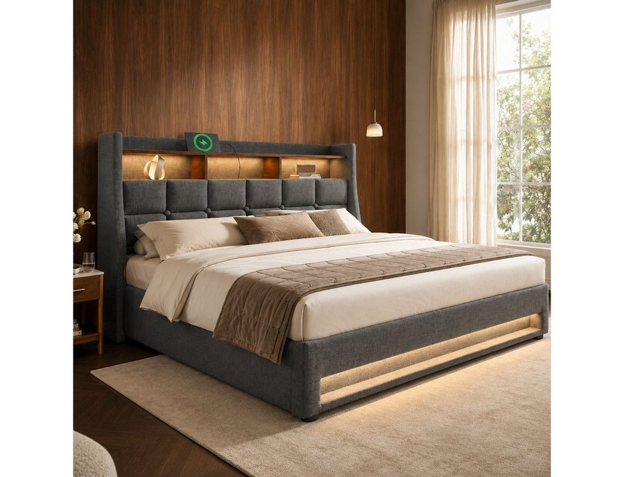 Flieks Polsterbett, Baumwolle-Leinen Bezug Stauraumbett mit USB-Anschluss + LED 140x200cm von Flieks