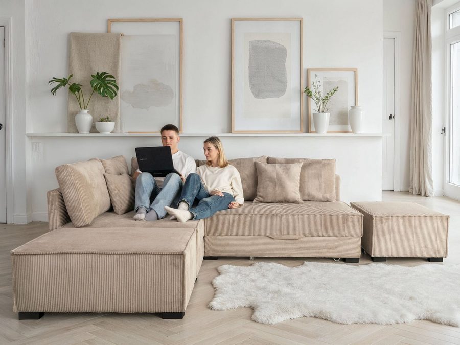 Home affaire Ecksofa Night & Day L-Form, B: 316 cm mit Dauer-Schlaffunktion 180x200 cm, Set: Sofa & Hocker, Schlaffunktion, Bettkasten & Kissen, Boxspringbett