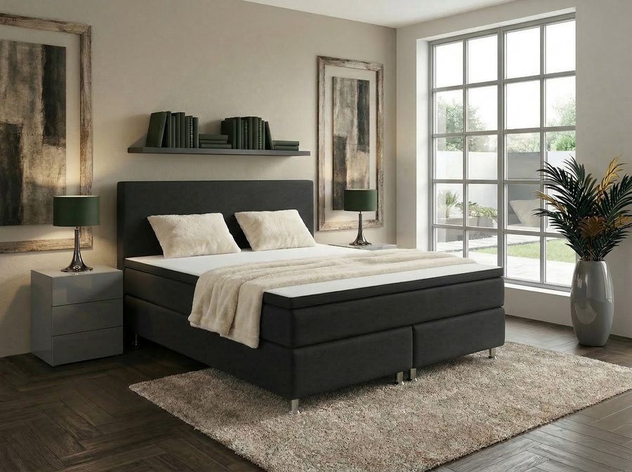 M-Punkt24 Boxspringbett MILANO (Grau / Anthrazit, mit 7 Zonen Taschenfederkern-Matratze, inkl. Topper), SOFORT LIEFERBAR