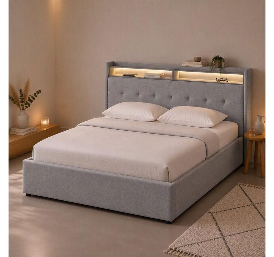 OTTO home Polsterbett Hamar, beleuchtetes Regal, USB/ USB-C, bis 250 KG belastbar (Liegefläche 140x200cm, Farbe Grau), LED-Licht und USB und USB-C Ladegerät im Kopfteil, Knopfsteppung von OTTO home