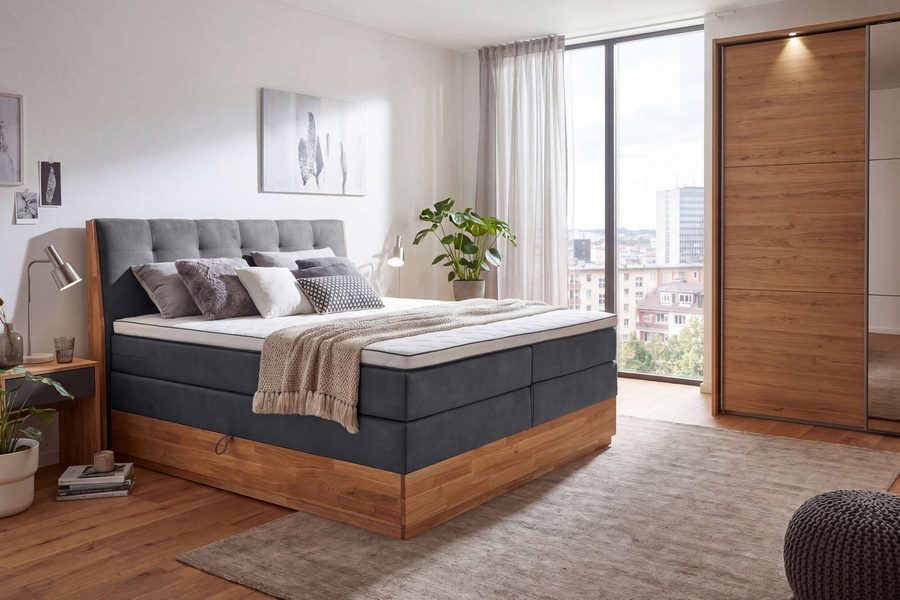 OTTO home Boxspringbett Alleea, Doppelbett, Polsterbett, Federkernbett, Komforbett, 160/180 cm, inkl. Topper, zwei Bettkästen, Taschen-Federkernmatratze, Härtegrad 3