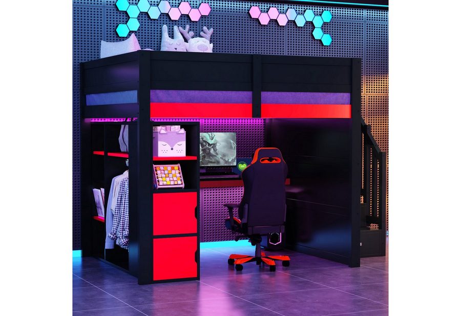 Merax Hochbett 140x200cm mit LED und USB (Gaming Jugendbett Einzelbett, 1-St) Holz Kinderbett mit Schreibtisch, Stauraum & Treppe mit Fächern