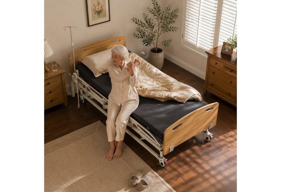 Vankel Bett Elektrisches Pflegebett mit 4 Funktionen, Matratze & max.205kg (Seitenschutz und Lattenrost inklusive, elektrisch verstellbar), mit Fernbedienung, Seitengittern, Tischplatte & Infusionsständer