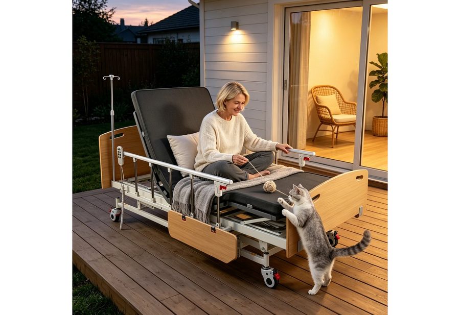 Vankel Bett Elektrisches Pflegebett mit 4 Funktionen, Matratze & max.205kg (Seitenschutz und Lattenrost inklusive, elektrisch verstellbar), mit Fernbedienung, Seitengittern, Tischplatte & Infusionsständer
