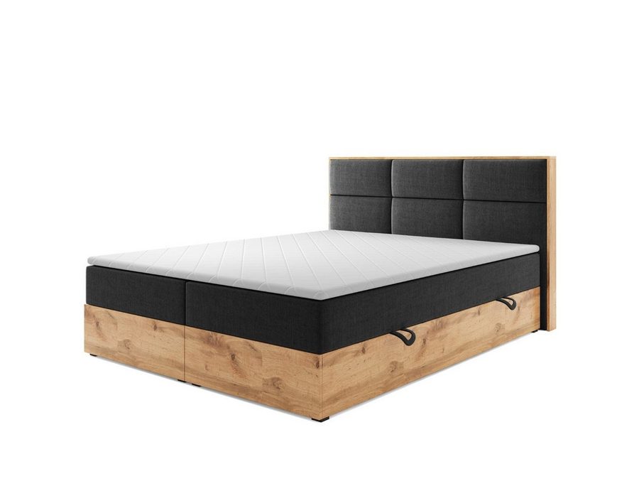M-Punkt24 Boxspringbett Stockholm (Webstoff Anthrazit Schwarz, 180 x 200 cm), Eiche Holz, mit Bettkasten, mit Topper