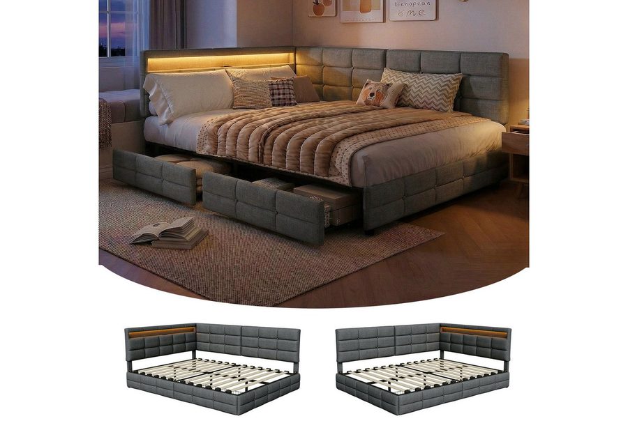 PXloue Polsterbett Daybett Tagesbett (Doppelbett,Kopfteil links oder rechts montierbar), Schlafsofa,2 Schubladen, Mit LED und USB-Ladeanschluss,140x200 cm von PXloue