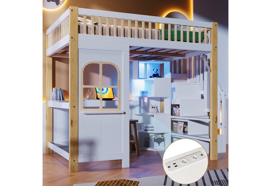 Merax Hochbett mit LED und Steckdose (1-St., Stockbett Jugendbett Hausbett Etagenbett Einzelbett) Kinderbett 140x200cm mit Schreibtisch, Ablagefächern, Treppe & Fenster