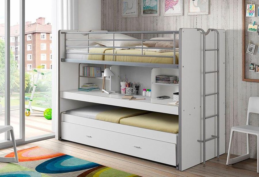 Vipack Hochbett Bonny, mit 3 Schlafgelegenheiten, super praktisch im Kinderzimmer (B/H/T ca. 222x161x102cm, Dekor Oberfläche, in verschieden Farben) mit großer Schreibplatte, Regalfächern, viel Funktion auf kleinem Raum
