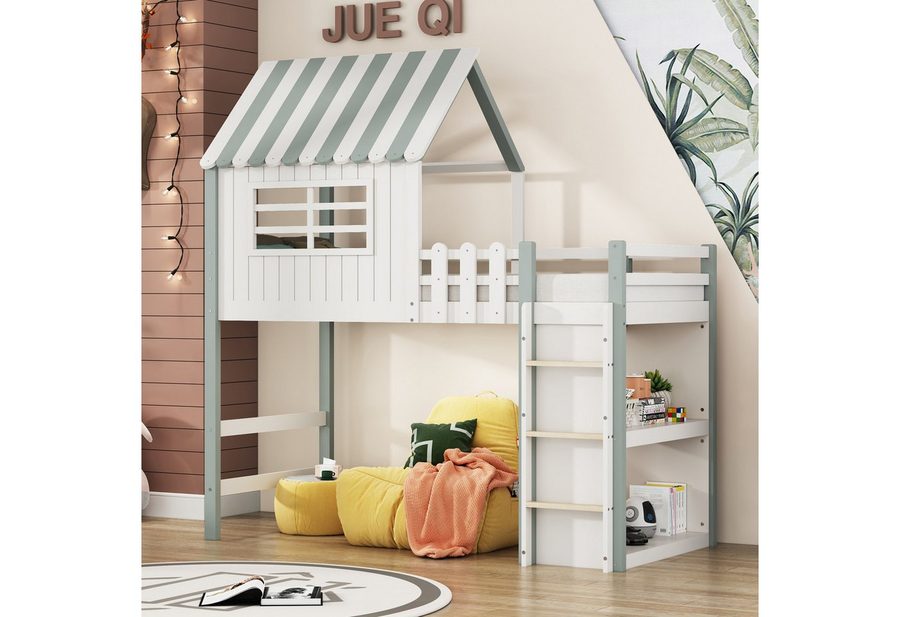 Flieks Hochbett Hausbett Kinderbett 90x200cm mit Sicherheitsleiter und Ablagefach von Flieks