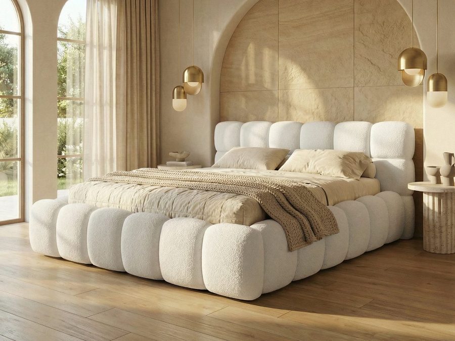 yourhouse24 Polsterbett BOSTON Slim Bouclé – Kompaktes Wolkenbett mit Bettkasten, Bubble-Optik & Japandi