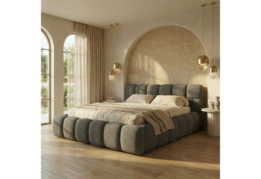 yourhouse24 Polsterbett BOSTON Slim Bouclé – Kompaktes Wolkenbett mit Bettkasten, Bubble-Optik & Japandi