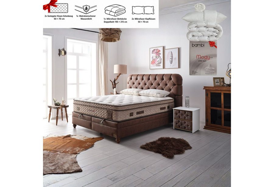Bambi Boxspringbett mit Taschenfederkernmatratze Individuelle Härtegrad inkl. Lieferung (Set, 2 Bettkästen + Matratze + Chester Kopfteil), Individuelle Härtegrad Konfiguration