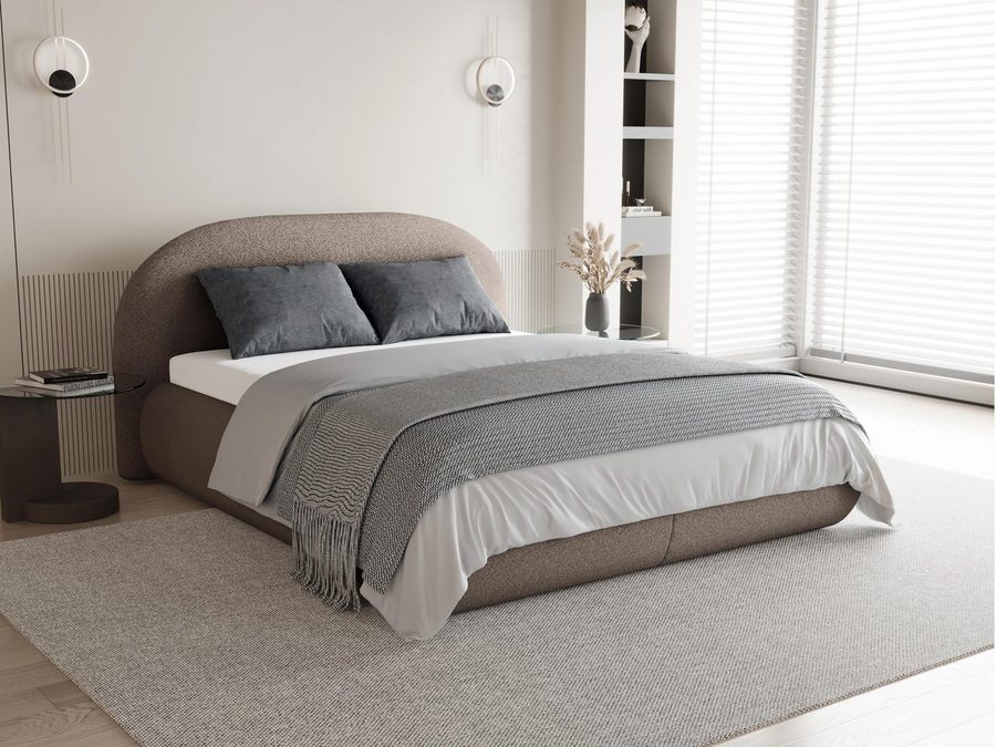 Beautysofa Polsterbett MOTTI mit Bettkasten und gepolstertem Kopfteil (Erhältlich in 3 Breiten: 140, 160 oder 180 cm, mit oder ohne Matratze und Topper), Modischer Bouclé-Stoff in 3 Beigetönen