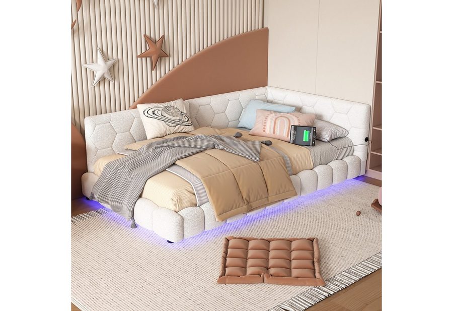Flieks Polsterbett, LED Einzelbett Daybett Tagesbett Samt 90x200cm mit USB-Anschluss von Flieks