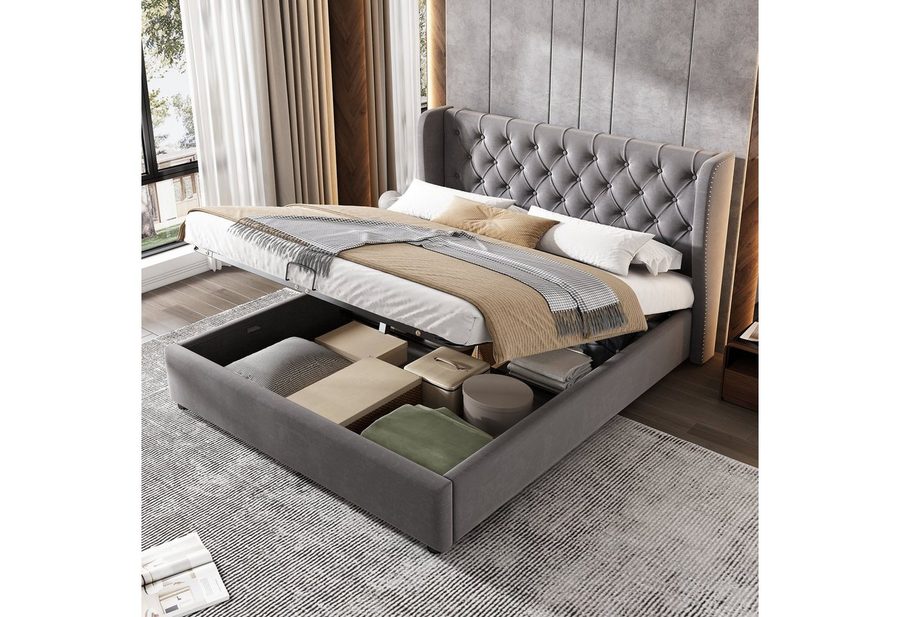 Flieks Polsterbett, Staumraumbett Doppelbett Kiefernholz Flanell 140*200cm von Flieks