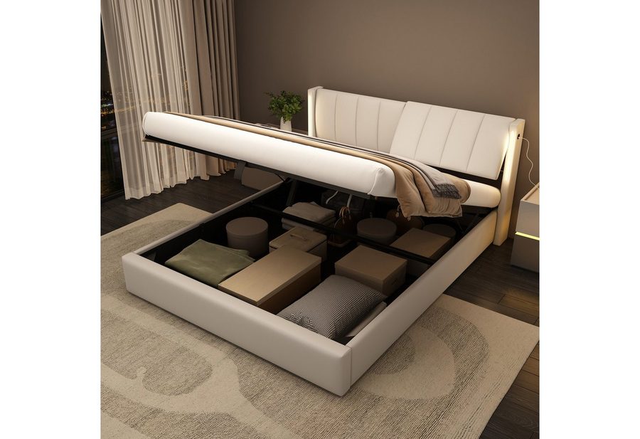Flieks Polsterbett, LED Stauraumbett Doppelbett mit USB/ Verstellbarem Kopfteil 140x200cm von Flieks