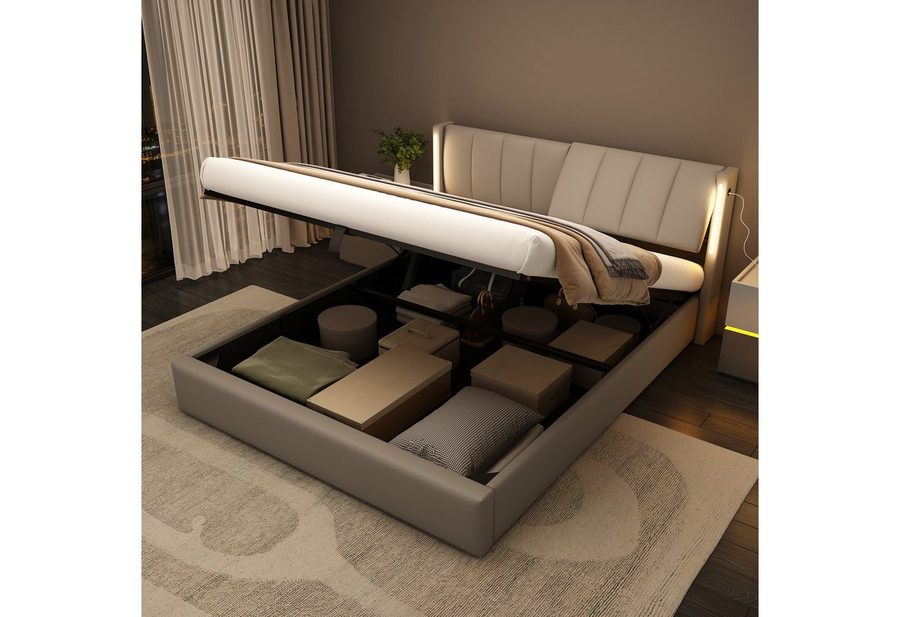 Flieks Polsterbett, LED Stauraumbett Doppelbett mit USB/ Verstellbarem Kopfteil 180x200cm von Flieks
