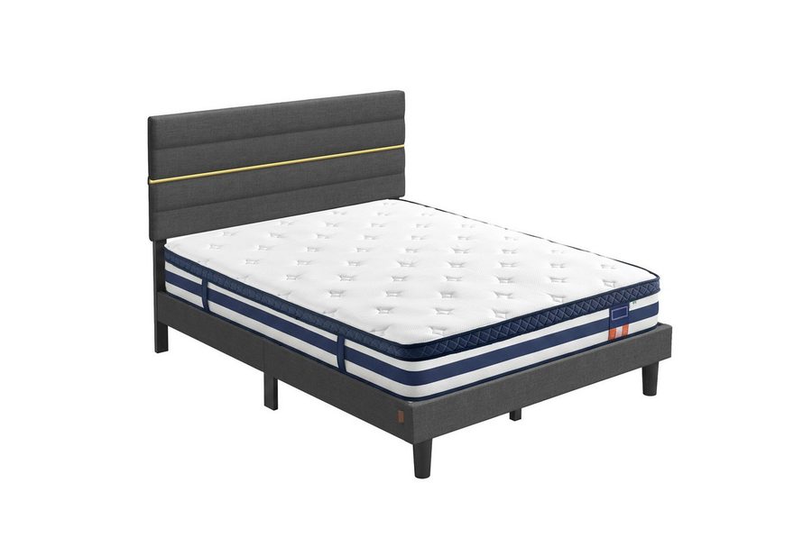 VASAGLE Polsterbett Doppelbettgestell verstellbares gepolstertes Kopfteil, Polsterbett und Matratze Set, mit Stauraum 140x200 cm von VASAGLE