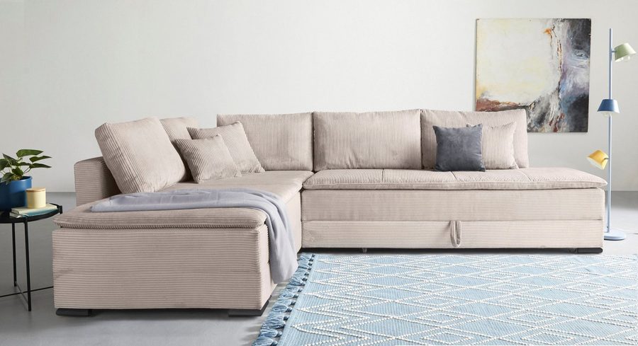 Home affaire Ecksofa Night & Day L-Form, B: 321 cm, mit Dauer-Schlaffunktion 180x200 cm, Schlaffunktion, Bettkasten, Topper & 3 Zierkissen, Boxspringbett Cord