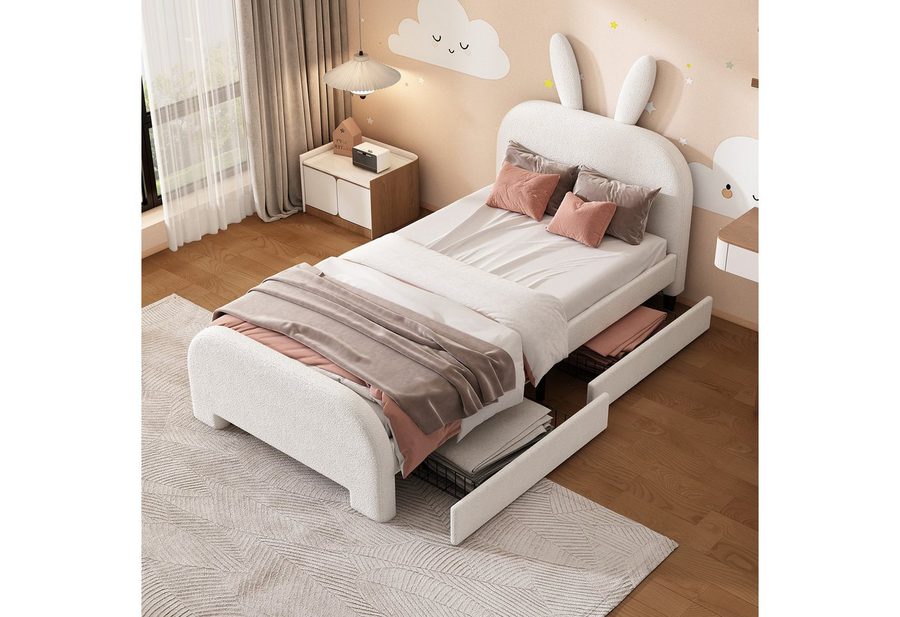 Flieks Polsterbett, Kinderbett Einzelbett 90x200cm, Kaninchenform Kopfteil, 2 Schubladen von Flieks