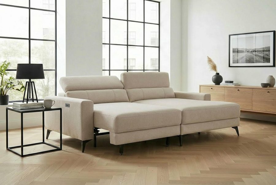 OTTO home Ecksofa LEWII, Schlafsofa elektrisch mit Sitztiefenverstellung, L-Form, 225 cm, mit USB A/C-Anschluss. Federkern, verstellbaren Kopfstützen, Webstoff