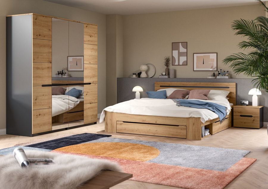 Home affaire Schlafzimmer-Set REHAT, 4-teilig, best. aus: Bett, Kleiderschrank & 2x Nachtkommode, (4-tlg., TOPSELLER!, für Matratzengröße 140x200 cm, viel Stauraum), Rehat, Schlafzimmerset, Bett 180x200 cm, Nachttisch, Kleiderschrank