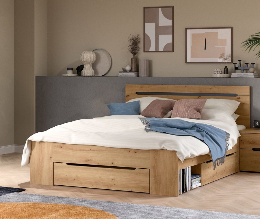 Home affaire Stauraumbett REHAT, in 144 oder 184 cm Breite, 3 Schubkästen, 2 offene Fächer (1-tlg., TOPSELLER!, für Matratzen 140x200 cm, viel Stauraum, ohne Lattenrost), Bett, Kastenbett, Bettgestell, Schlafzimmer, Schlafen