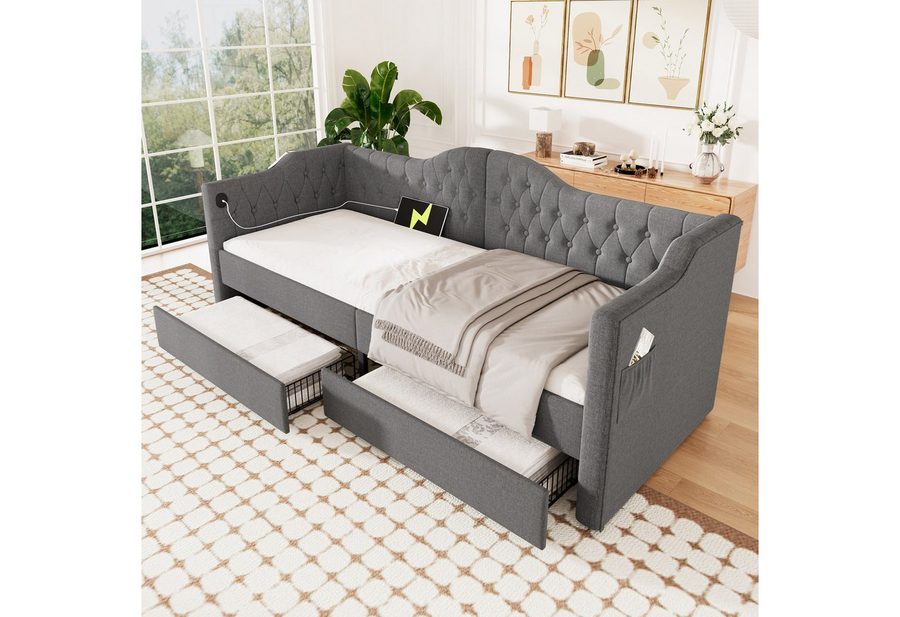 Flieks Daybett, Polsterbett Tagesbett 90x200cm mit Ladefunktion und Schubladen Leinen von Flieks