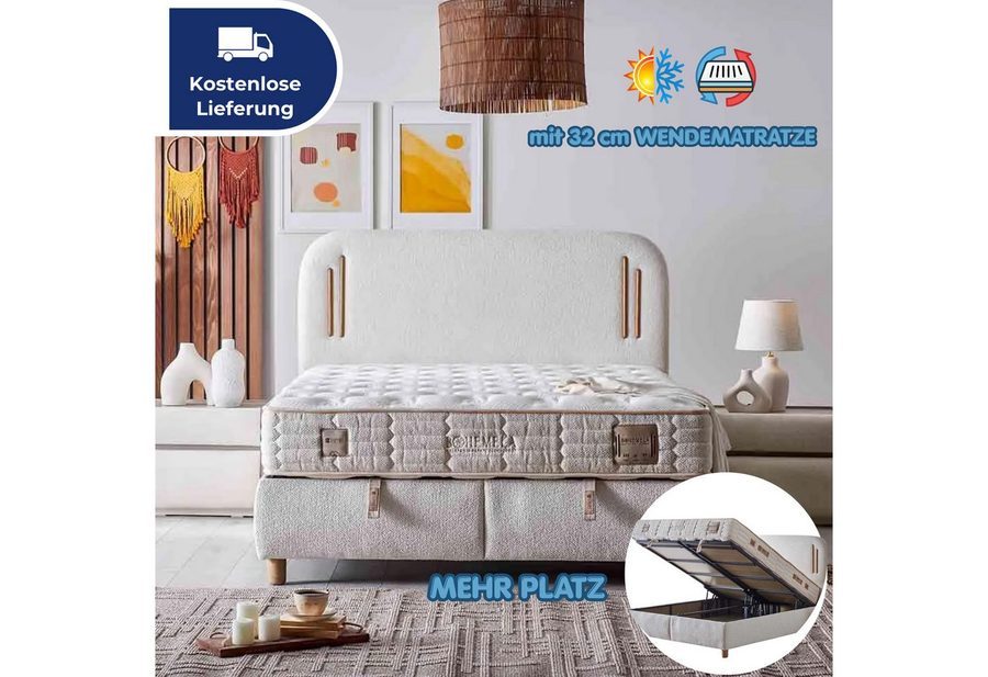 Bambi Boxspringbett mit Matratze Doppelbett Stauraumbett Wendematratze Beige Bett (Boxspringbett 180 x 200, Boxbett Set), Polsterbett Kontinentalbett, dekorativem Kopfteil