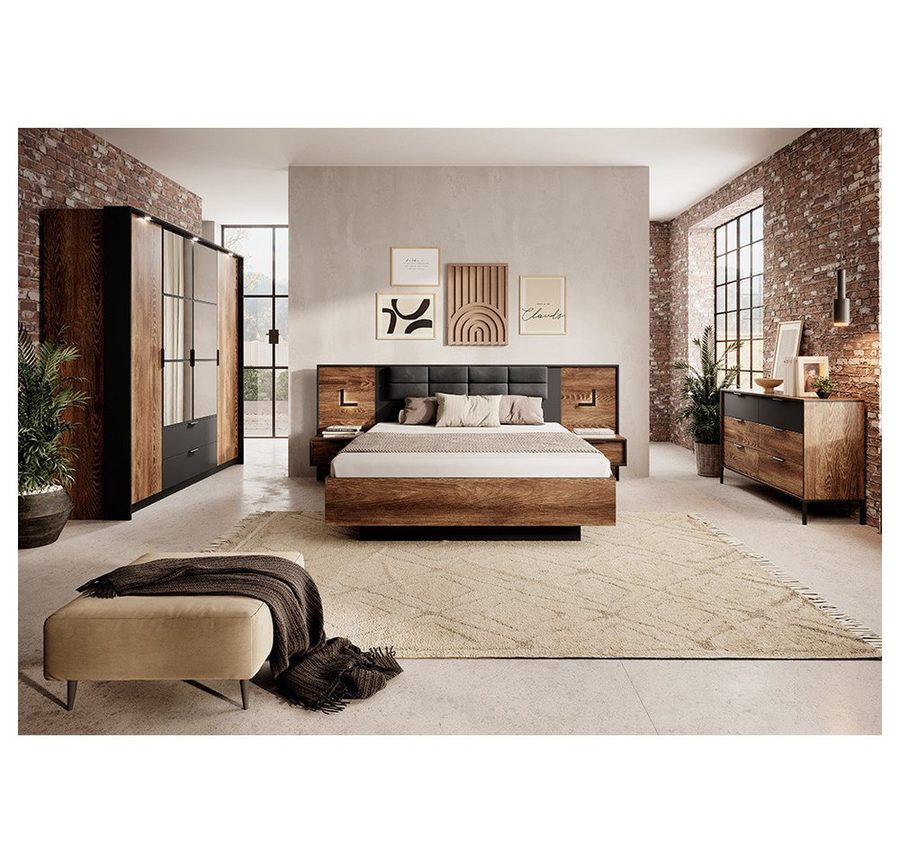 Lomadox Schlafzimmer-Set MEZZANA-167, (Spar-Set, 5-tlg., Kleiderschrank Bettgestell Lattenrost Nachttische Kommode), 160x200cm, mit aufklappbarem Lattenrost & Beleuchtung