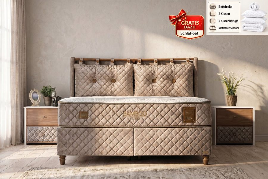 BAMBI YATAK Boxspringbett mit Bettkasten, Bambi Bamboo Sleep, Schlafzimmerbett, Nachttisch (140x200 cm, Stauraum, Bett mit Matratze, 1 x Matratze, 2 x Bettkasten, 1 x Bettkopfteil), Hyper-Schaum, Bambus-Strickstoff, Taschenfederkern, Matratzenhöhe:29cm