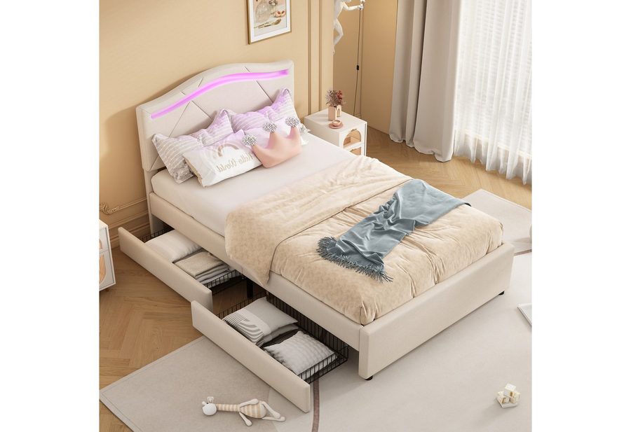 Flieks Polsterbett, LED Einzelbett 90x200cm mit 2 Schubladen und verstellbarem Kopfteil von Flieks