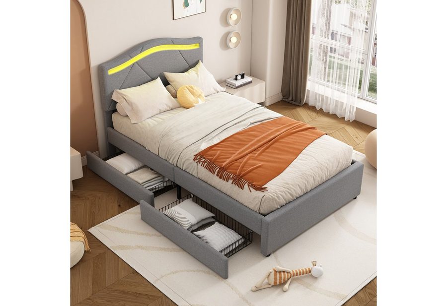 Flieks Polsterbett, LED Einzelbett 90x200cm mit 2 Schubladen und verstellbarem Kopfteil von Flieks
