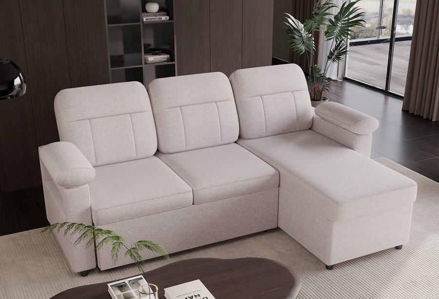 HOMAVO Ecksofa Couch L-Form, Schlafsofa mit Schlaffunktion und Stauraum, Federkern, Abnehmbares und waschbaresSitzkissen, Handyhalterung, Getrankehalter