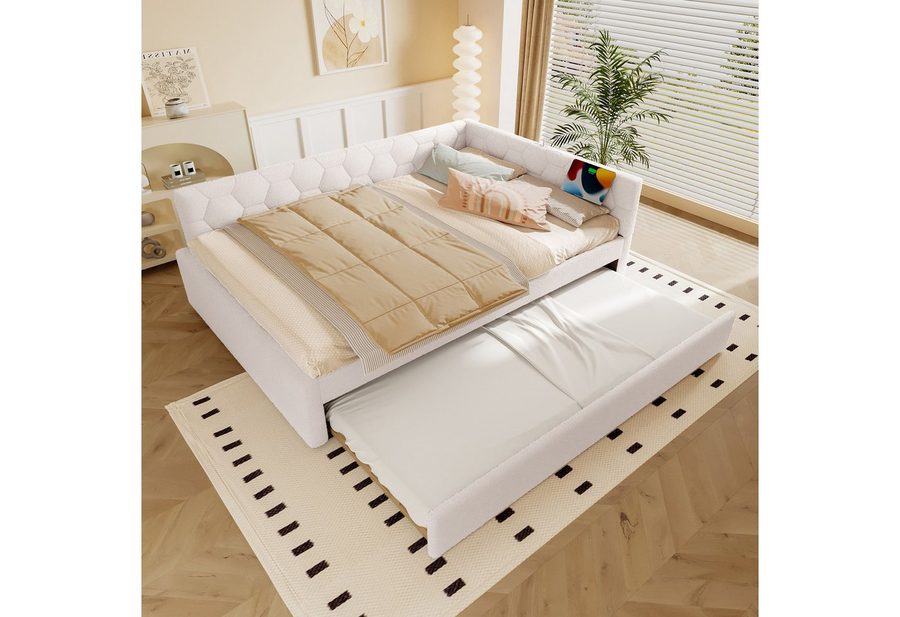 Flieks Daybett, Polsterbett Kinderbett 140x200cm mit Ausziehbett 90x190cm, USB & Typ-C von Flieks