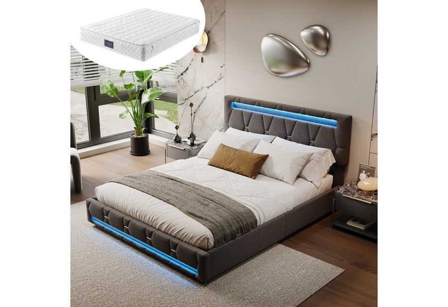 Furnishings Home Polsterbett Stauraumbett Doppelbett, Mit 7-Zonen Federkernmatratze, Mit LED-Beleuchtung, 4 Schubladen, Leinen, 140x200 cm