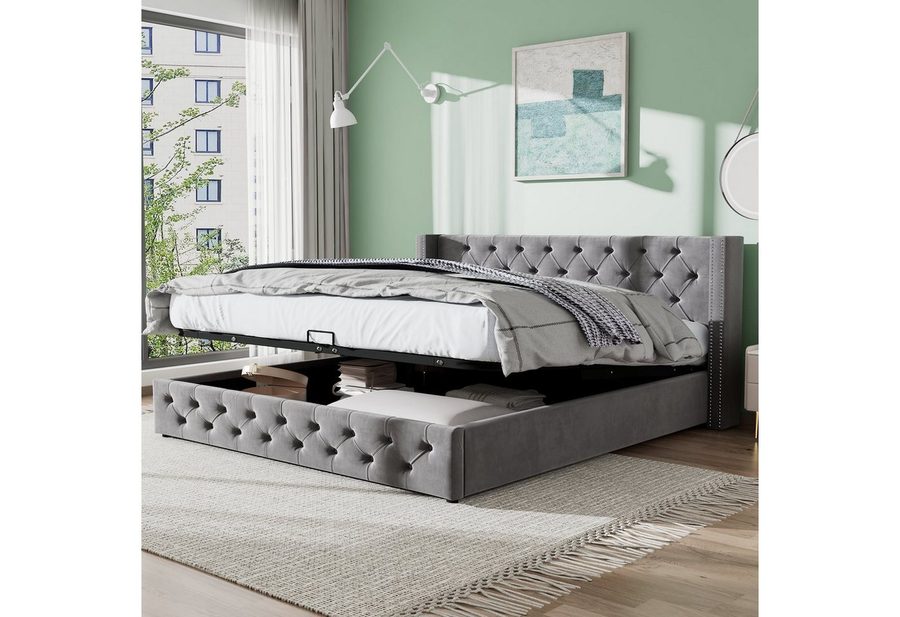 Flieks Polsterbett, Samt Hydraulisches Funktionsbett Doppelbett 140x200cm von Flieks